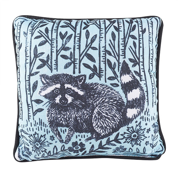 Woodblock Raccoon Print Pillow