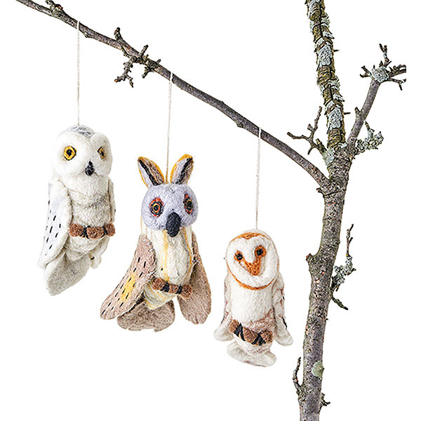Felted Wool Owl Ornaments - Set of 3