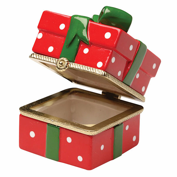 Product image for Porcelain Surprise Ornament - Red Gift Box with Green Ribbon and White Dots